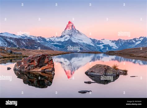 Matterhorn Mountain Reflection Lake Stellisee Sunrise Hi Res Stock