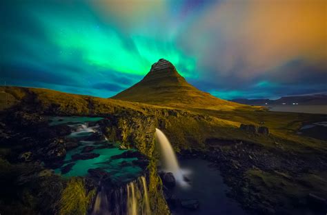 Hd Wallpaper Kirkjufell Iceland Waterfall Aurora Borealis