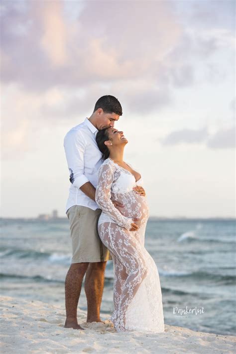 White Lace Maternity Dress During A Photo Shoot On Arashi Beach Aruba