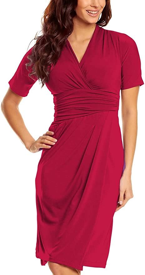 Knee Length Wrap Jersey Dress Ladies Short Sleeves V Neck Smart Casual Business Office Dresses