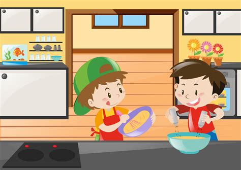 Two Boys Baking In Kitchen 414625 Vector Art At Vecteezy