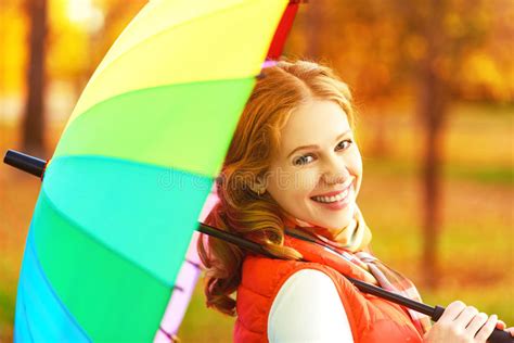 Happy Woman With Rainbow Multicolored Umbrella Under Rain In Par Stock Image Image Of Pretty