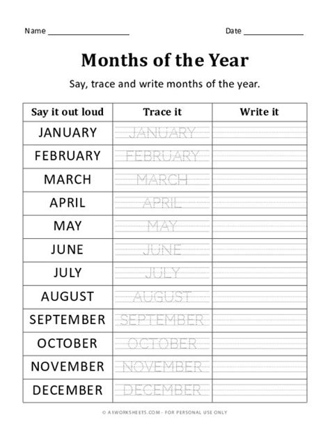 Months Of The Year Trace And Write Worksheets