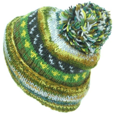 Chunky Wool Knit Beanie Bobble Hat Men Ladies Warm Winter Abstract