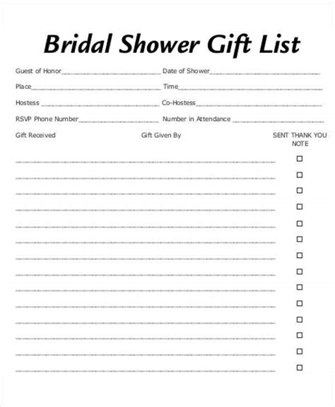 Installing free printable gift list for the task is eradicating the tiresome procedure of creating. Bridal Shower Gift List Templates - 5+ Free Word, PDF Format Download! | Free & Premium Templates