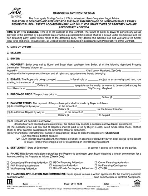 Maryland Residential Contract Of Sale Pdf Form Fill Out And Sign Printable Pdf Template