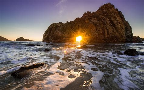 Nature Sunset Sea Waves Sunlight Rock Wallpapers Hd Desktop And