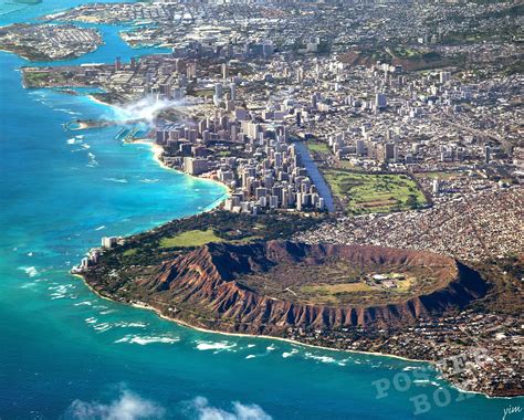 Waikiki Skyline Diamond Head Honolulu Hawaii Aerial Poster Art Print