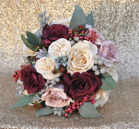 Bridal Bouquet With Marsala Mauve And Ivory Roses Dried Brunia