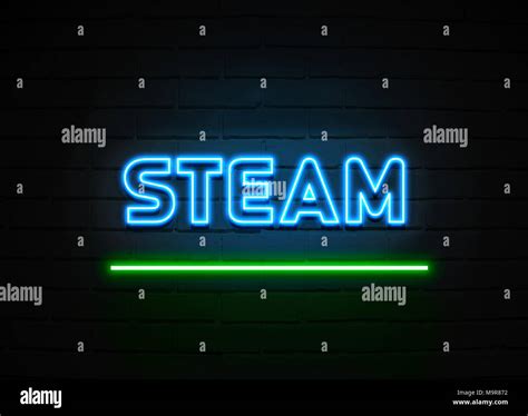 Steam Neon Sign Glowing Neon Sign On Brickwall Wall 3d Rendered