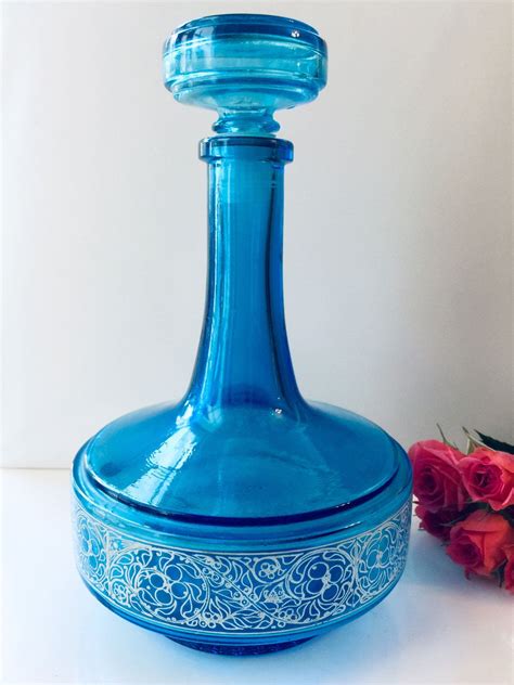 Mid Century Modern Blue Glass Bottle Made In Belgium Blue Glass Bottles Blue Glass Glass