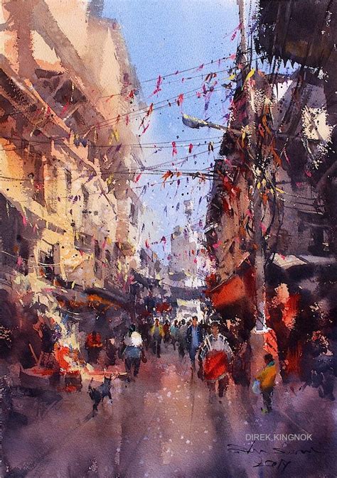 Direk Kingnok The Lively Street In Kathmandu 350 X 35 Cm Watercolor