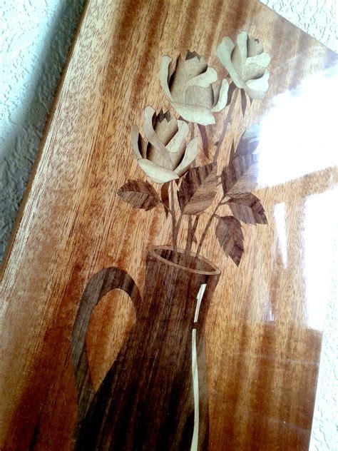 Vintage Marquetry Intarsia Picture Roses Wooden Wall Decor Rare Dark Color