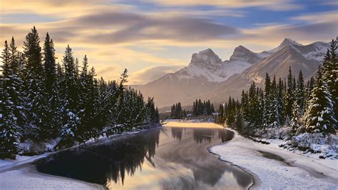 Bow River And Three Sisters In Canmore Canada 4k Wallpaper