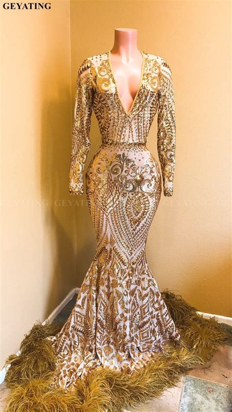 Sparkly Sequin Long Sleeves Mermaid Gold Feather Prom Dresses 2019 Sexy