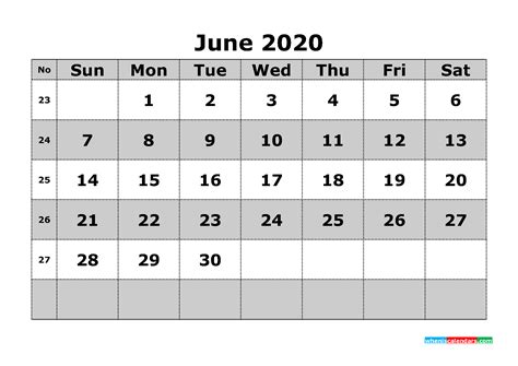 Printable June 2020 Calendar Template Word Pdf
