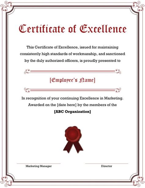 40 Amazing Certificate Of Excellence Templates Printabletemplates
