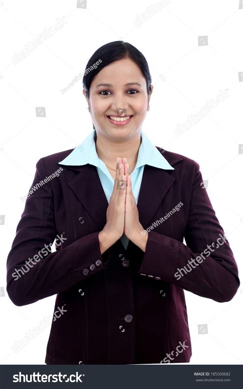 Smiling Young Business Woman Greeting Namasthe Stock Photo 185560682