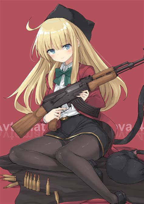 Wallpaper Illustration Gun Blonde Long Hair Anime Girls Tail Blue Eyes Weapon Cartoon