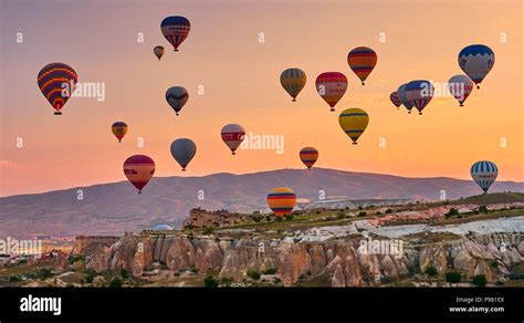 Hot Air Balloons At Sunrise Goreme Cappadocia Anatolia Turkey Stock