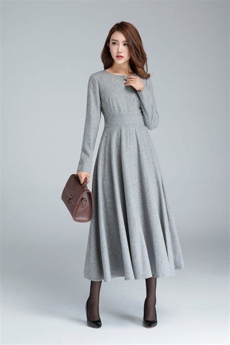 Long Sleeve Wool Dress Gray Dress Wool Dress Woman Dress Fit And