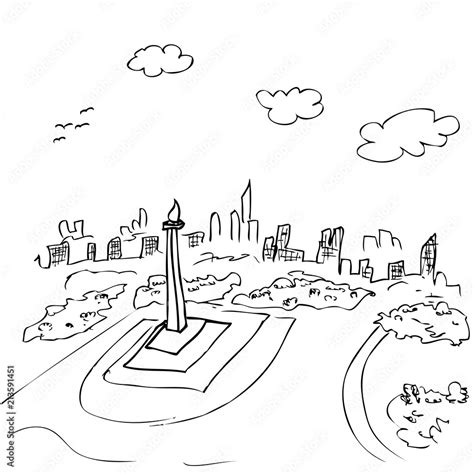 View From Top Simple Sketch Of Monas Jakarta Indonesia Capital City