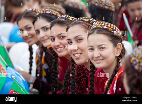 Girls In Traditional The National Dress Of Turkmenistan Stock Photo