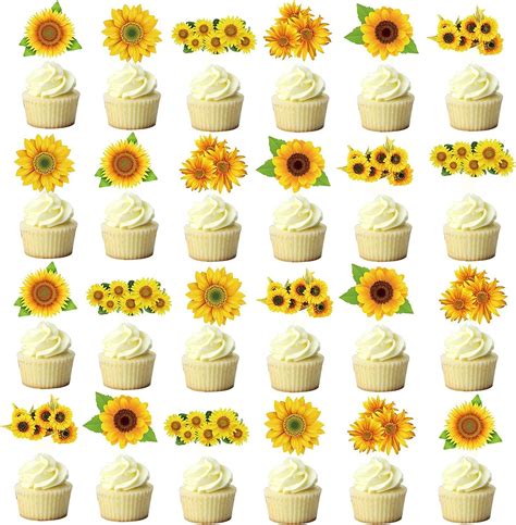 Fenghu 48 Pcs Sunflower Cupcake Toppers For Sunflower Birthday Party