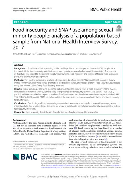 Pdf Food Insecurity And Snap Use Among Sexual Minority People Analysis Of A Population Based