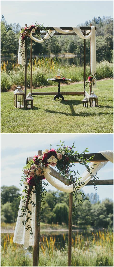 Wooden Wedding Arbor Draped White Fabric White And Red Florals