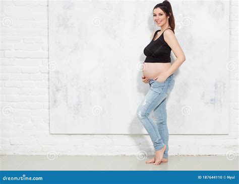 Happy Pregnant Woman With Naked Belly Stock Photo Image Of Camera