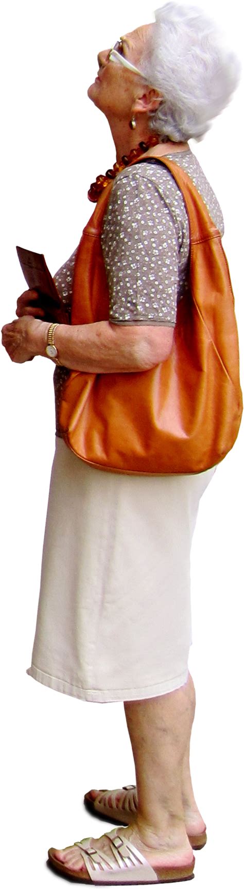 Old Woman Looking Up At Something With A Large Orange Cut Out People