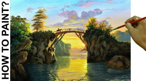 How To Paint Realistic Landscape With Wooden Bridge On Sunset River In