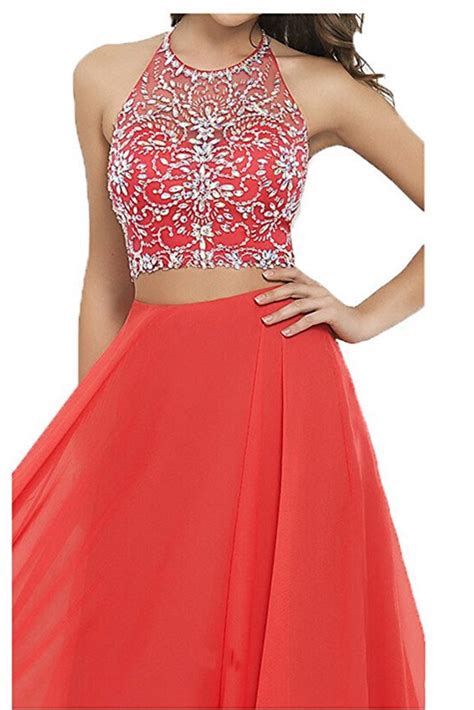 Two Pieces Halter Prom Dress Chiffon Beaded Evening Dress On Luulla