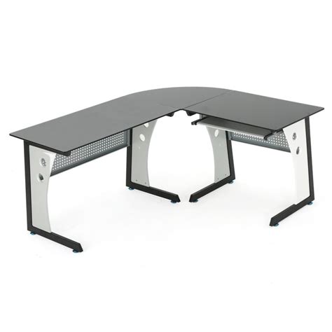 Orion Modern L Shaped Black And Gray Iron Office Desk With Tempered Gl