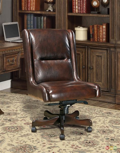 Computer in leather recliner workspace. Cigar Brown Genuine Leather Armless Desk Chair Traditional Office Furniture DC#108-CI