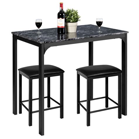 Buy Costway 3 Piece Counter Height Dining Set Faux Marble Table 2 Chairs Kitchen Bar Black