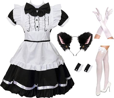 Grajtcin Women S Cat Ear French Maid Costume With Apron Anime Cosplay Fancy Dress