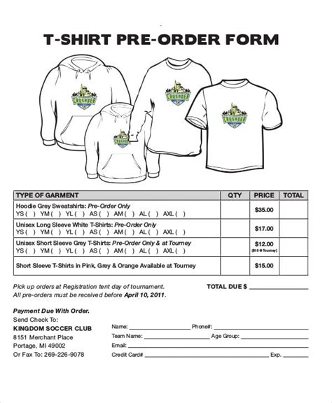 Printable Downloadable T Shirt Order Form Template Printable Templates