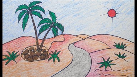 How To Draw Scenery Of Desert And Mountain Drawing For Beginners Easy