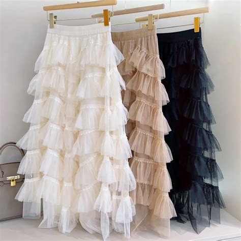 Tigena Patchwork Lace Tulle Tiered Tutu Maxi Skirt Women Spring