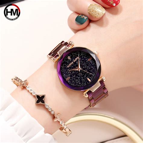hannah martin luxury women s bracelet watch purple diamond ladies watch steel mesh starp japan