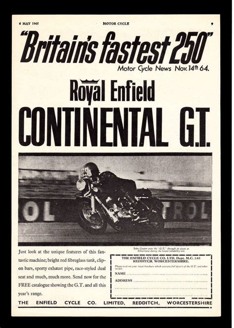 The result is a slow revving engine that produces a claimed. MAY 1965 ROYAL ENFIELD 250 CONTINENTAL GT MOTORCYCLE 250cc ...