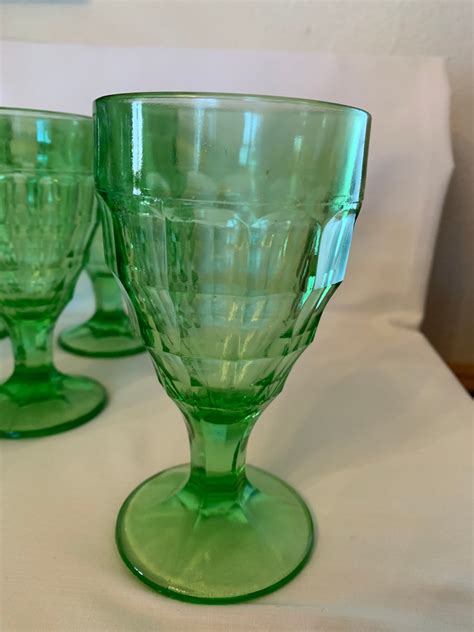 6 Vintage Green Depression Glass Goblets Colonial Block By Etsy