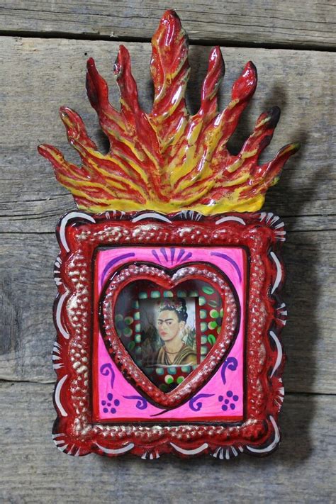 Frida Kahlo Tin Retablo Niche Mexico Folk Art Handmade Flames Mexican