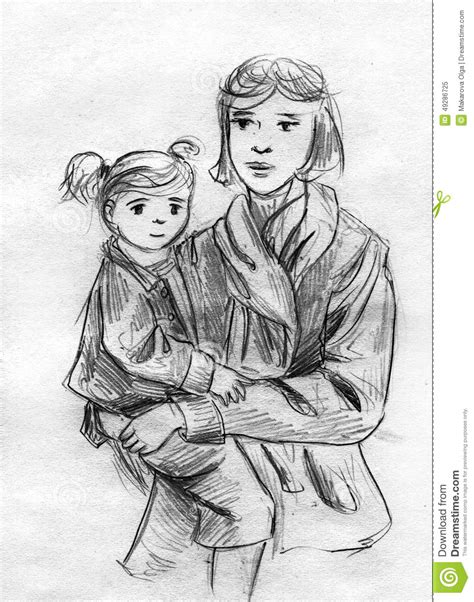 Mother And Daughter Pencil Sketch Stock Illustration