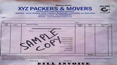 Packers And Movers Bill For Claim Chennai Get Chennai Bill