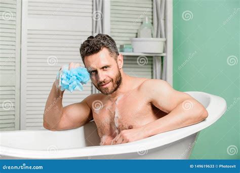 Macho With Sponge Take Bath At Home Taking Bath With Soap Suds Pampering And Beauty Routine