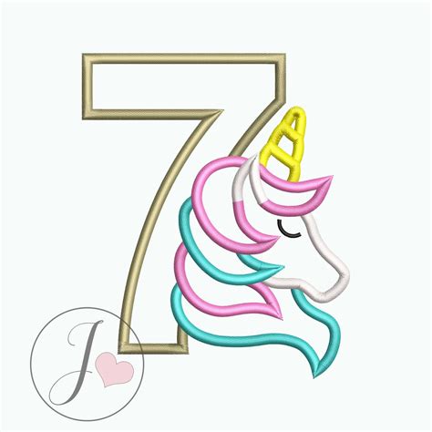 Unicorn Seventh Birthday Applique Design Unicorn Number 7 Etsy