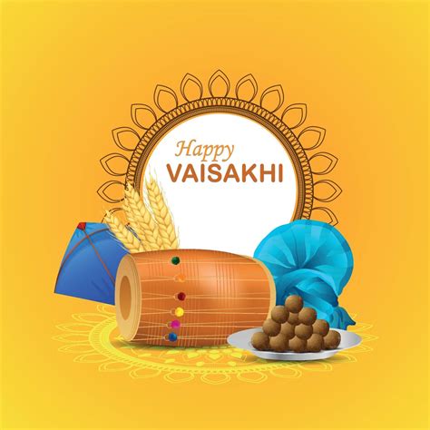 Realistic Happy Vaisakhi Greeting Card With Dhol And Kite 2153147